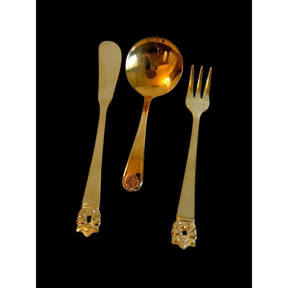 Vtg 50th Anniversary Gorham Gold Serving Set, 5-Piece Gold Plated Tray Utensils